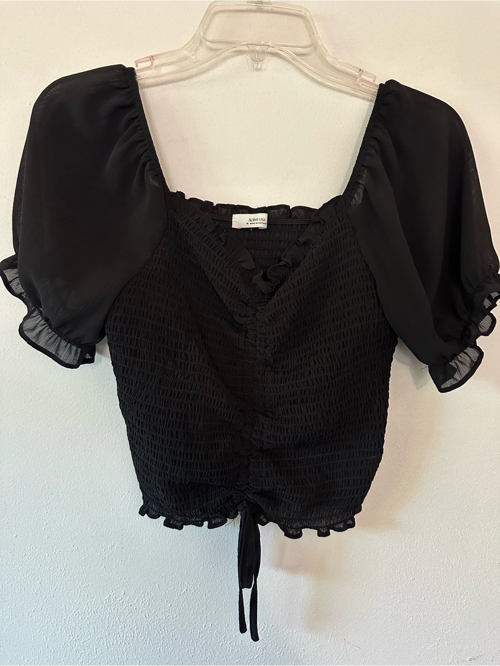 Active USA Black Cropped Sheer Sleeve Tie-Front Crop Top Size M